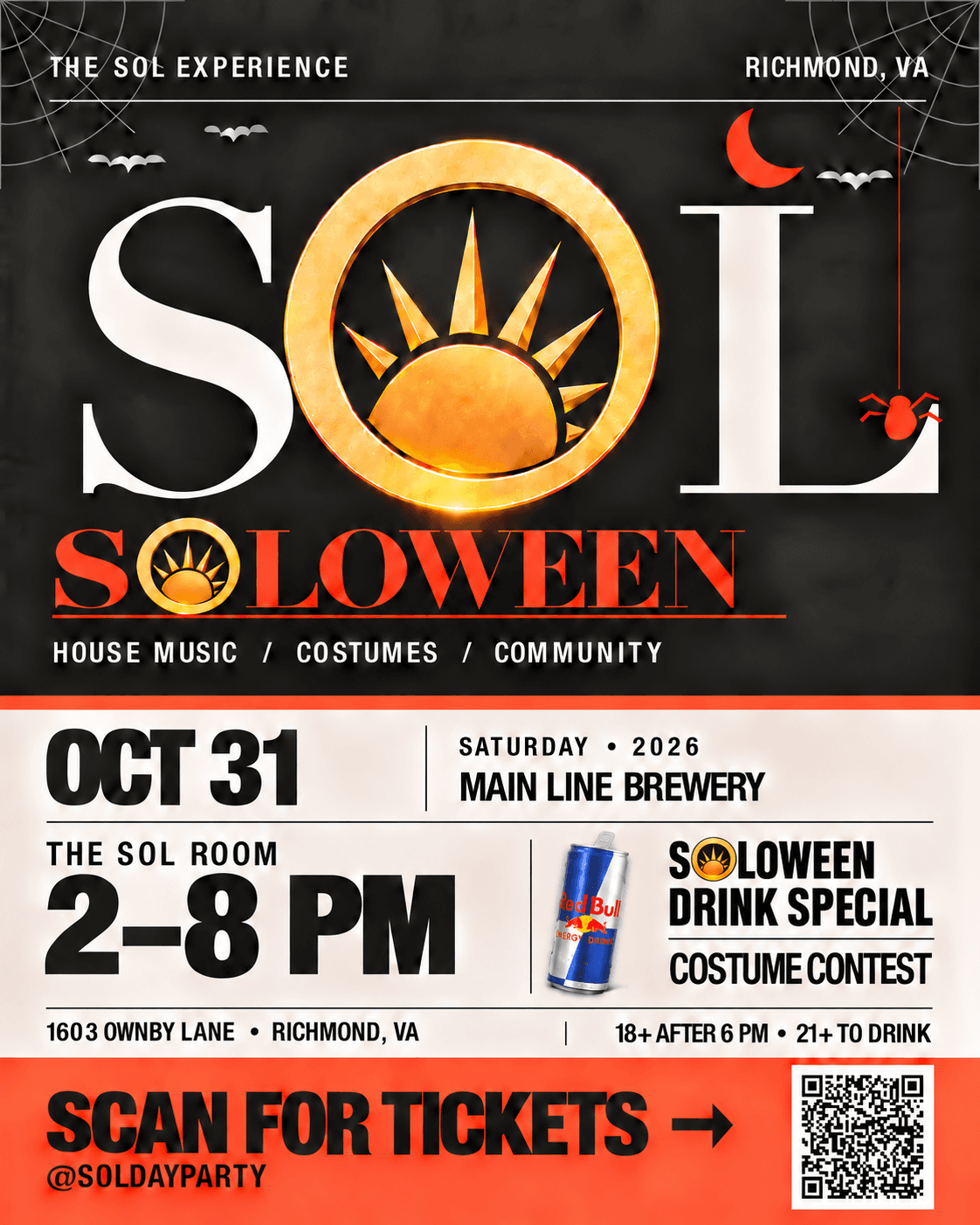 SOLOWEEN flyer for October 31 at Main Line Brewery, with the SOL Room from 2 to 8 PM